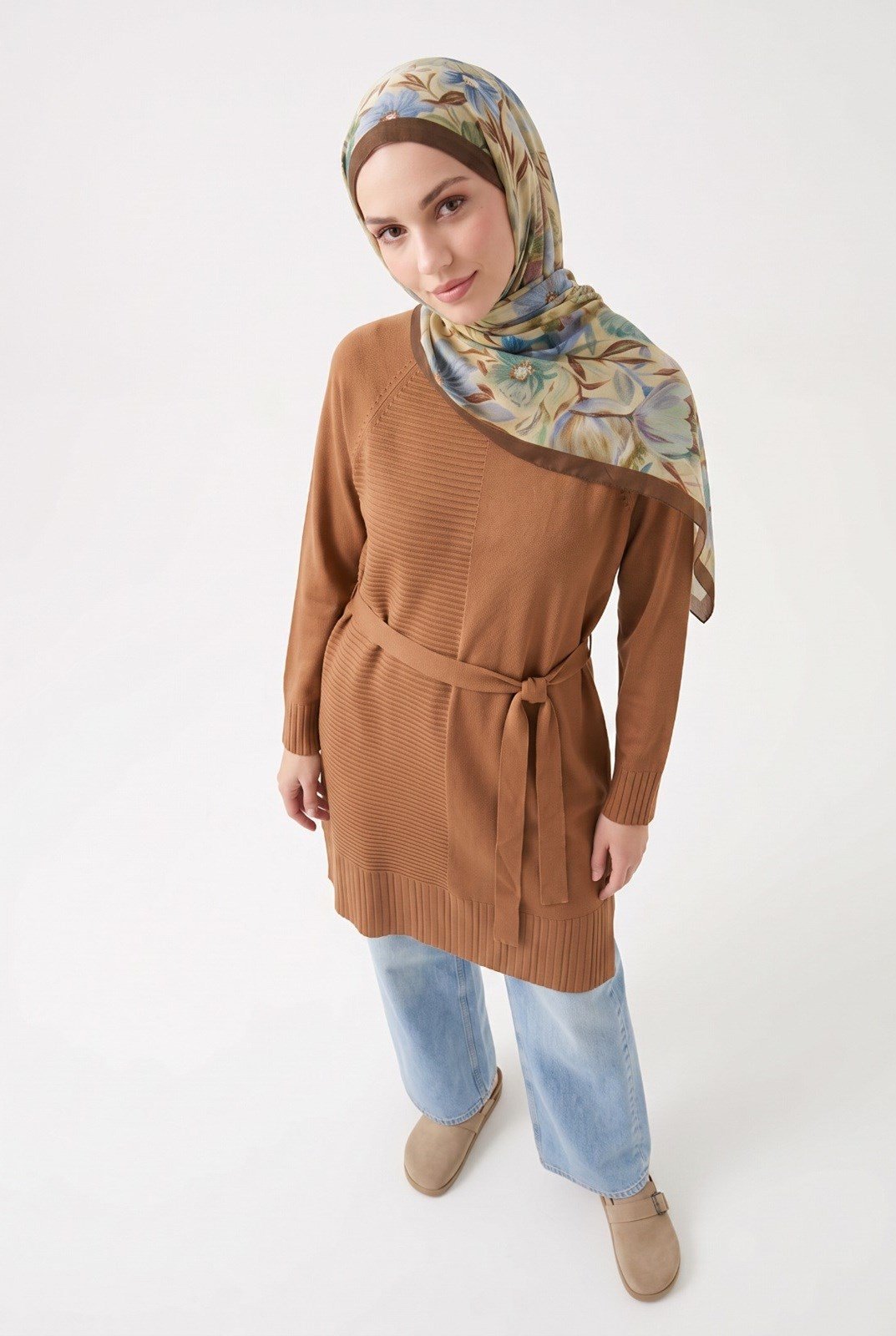 Armine TREND Kuşaklı Çizgili Uzun Triko Tunik Koyu Taş 26ktd410