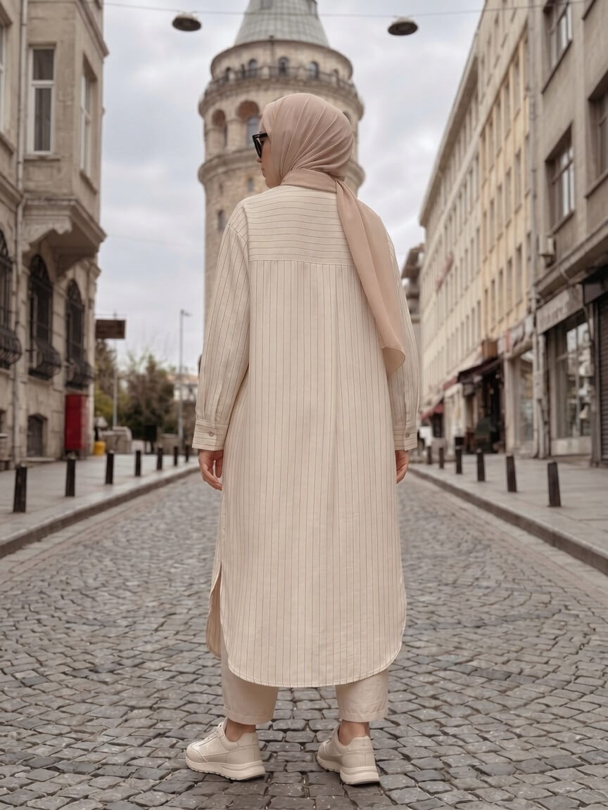 Armine Trend Nakışlı Çizgili Ketenli Uzun Tunik Ekru 26yt440
