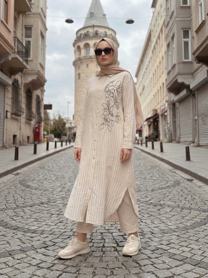 Armine Trend Nakışlı Çizgili Ketenli Uzun Tunik Ekru 26yt440