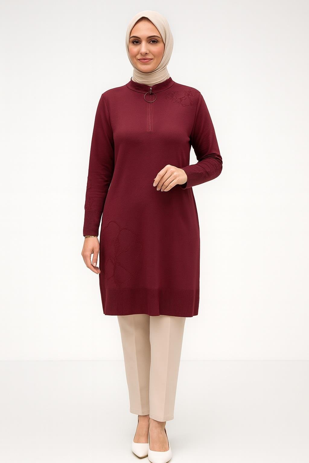 Armine TREND Omuz Desenli Çiçek Baskılı  Yarım Fermuarlı Triko Tunik Bordo 25YTD4111