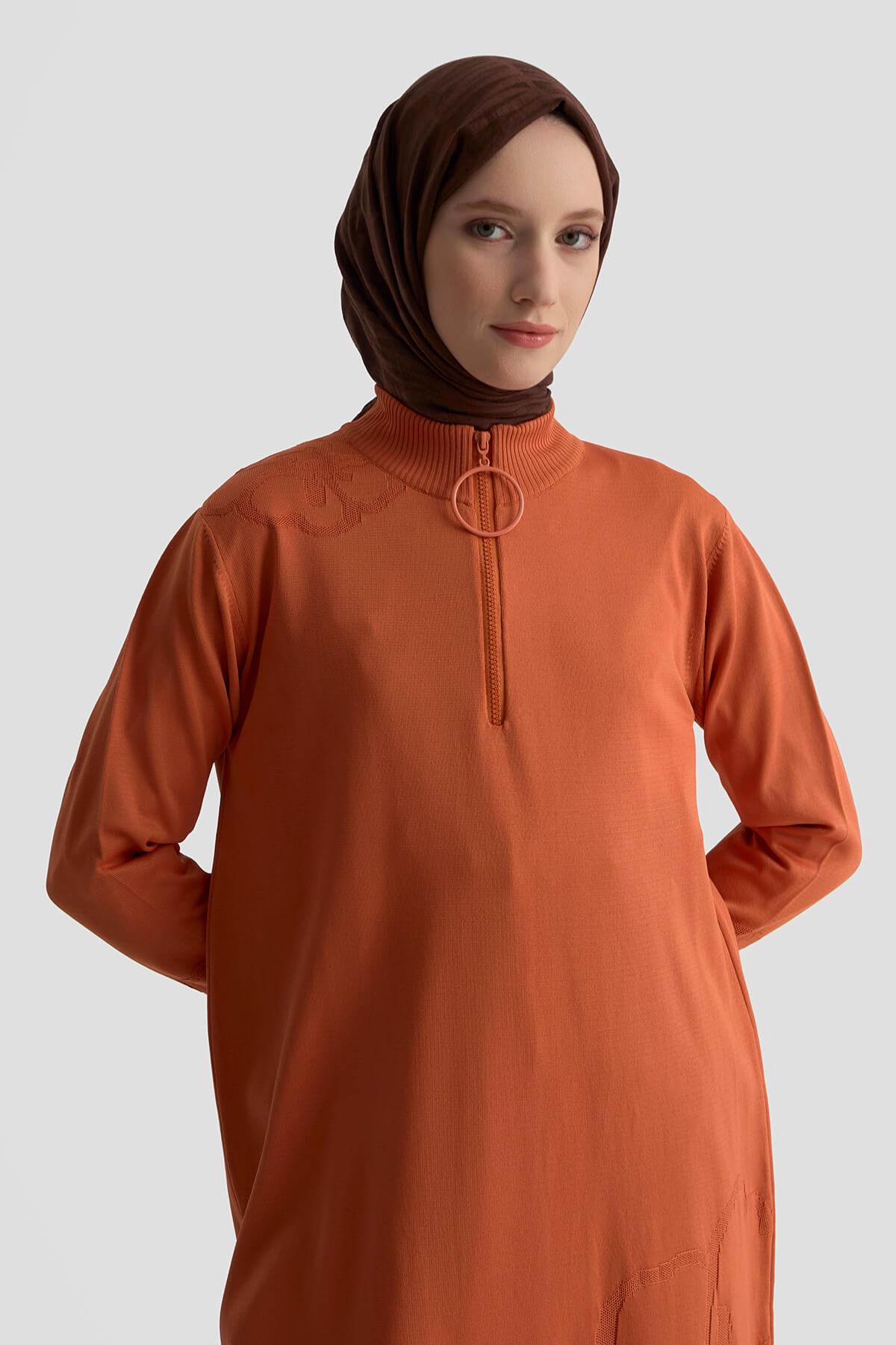 Armine TREND Omuz Desenli Çiçek Baskılı  Yarım Fermuarlı Triko Tunik Şeftali 25YTD4111