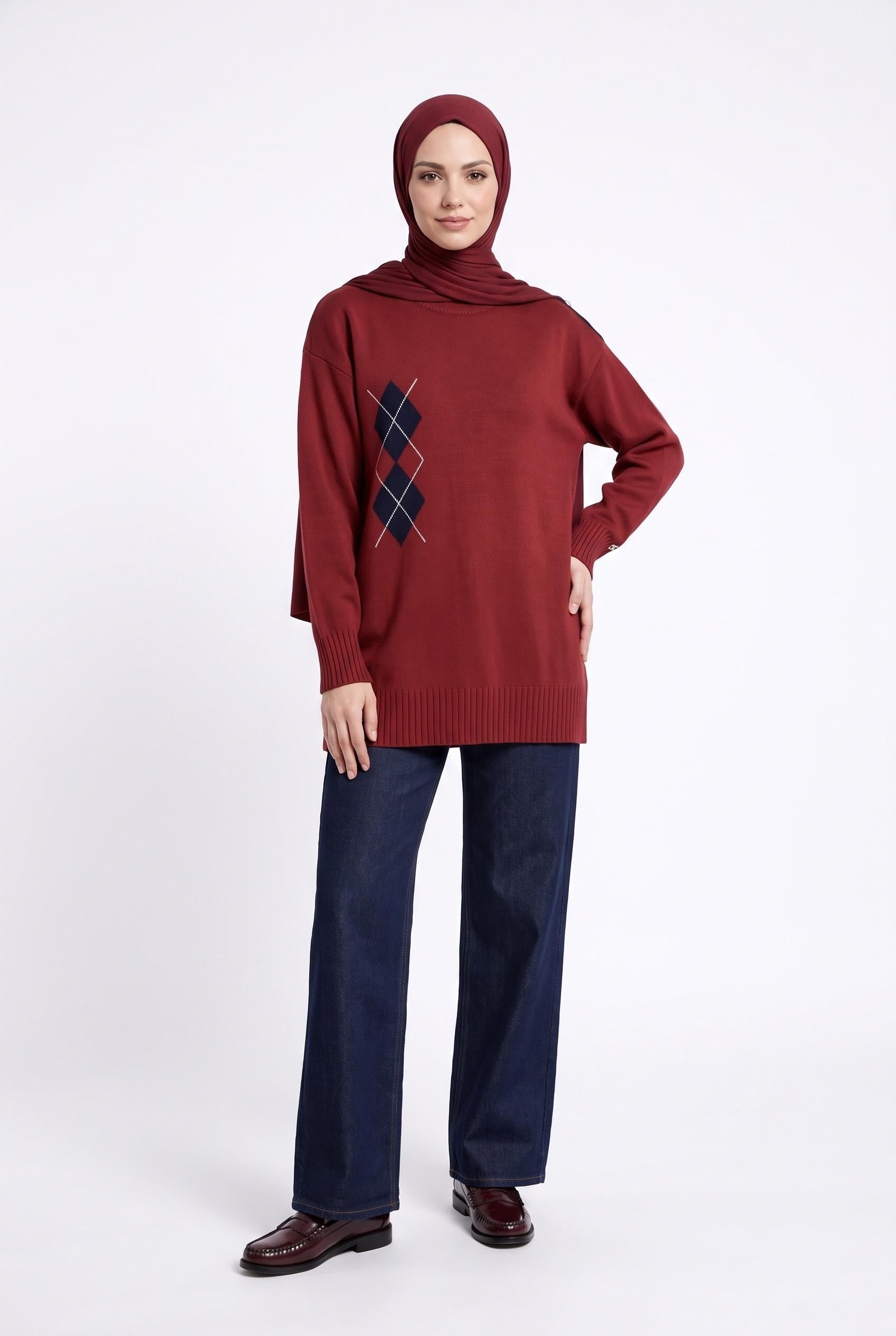 Armine Trend Omuz Düğmeli Baklava Desenli Tunik Bordo 26ktd420
