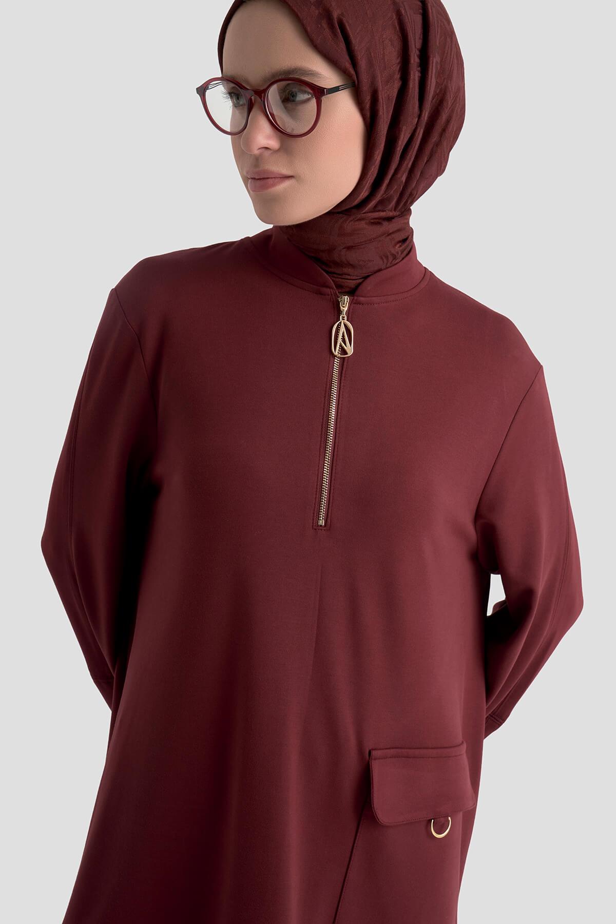 Armine TREND Önden Fermuarlı Kol Ucu Ribanalı Tunik Vişne 25KT463