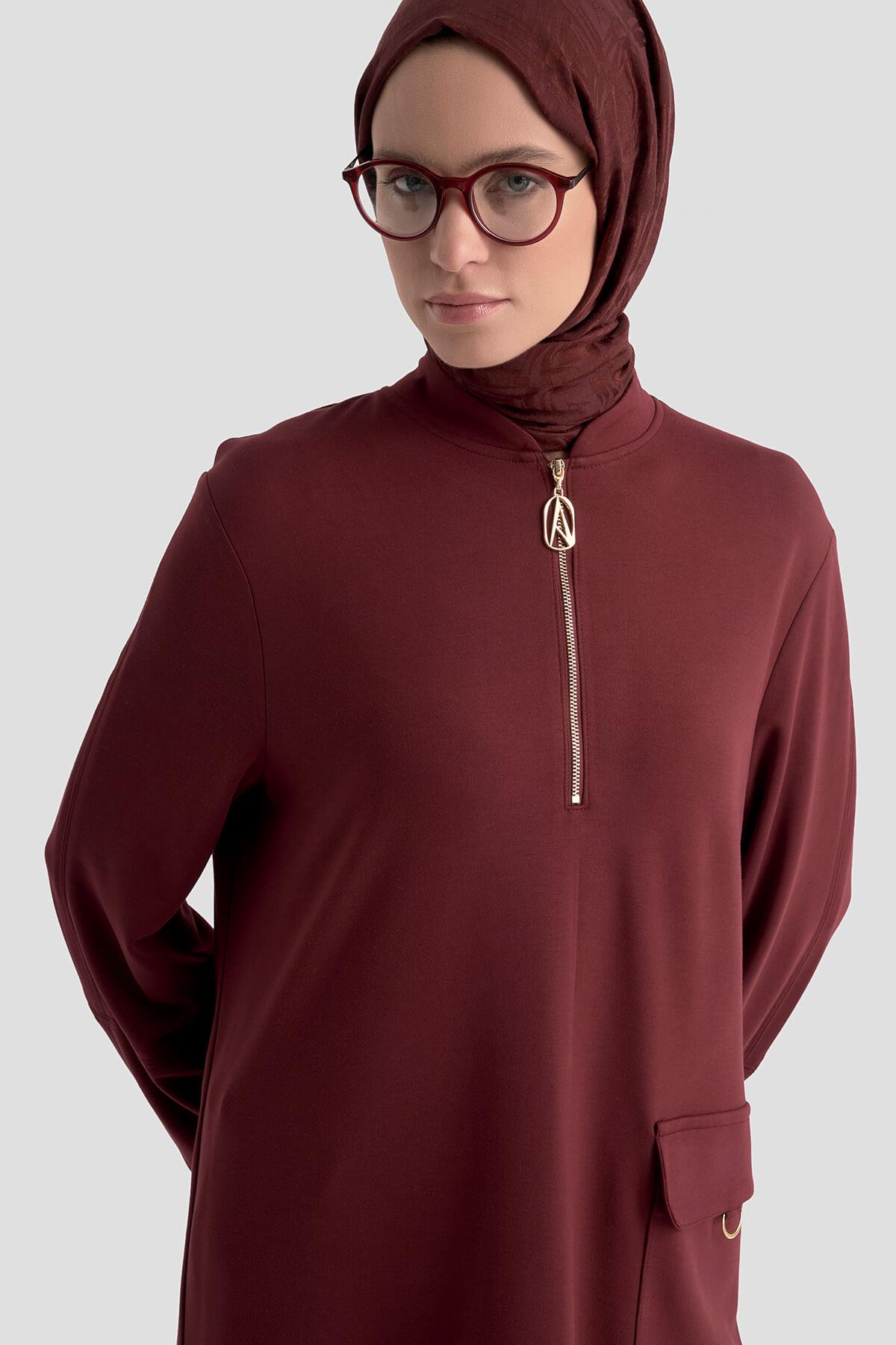 Armine TREND Önden Fermuarlı Kol Ucu Ribanalı Tunik Vişne 25KT463