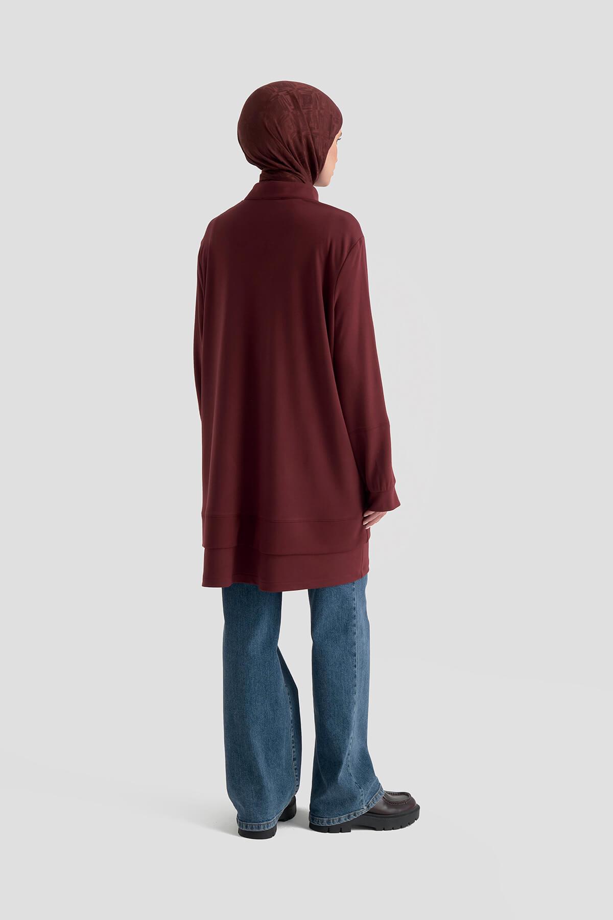 Armine TREND Önden Fermuarlı Kol Ucu Ribanalı Tunik Vişne 25KT463