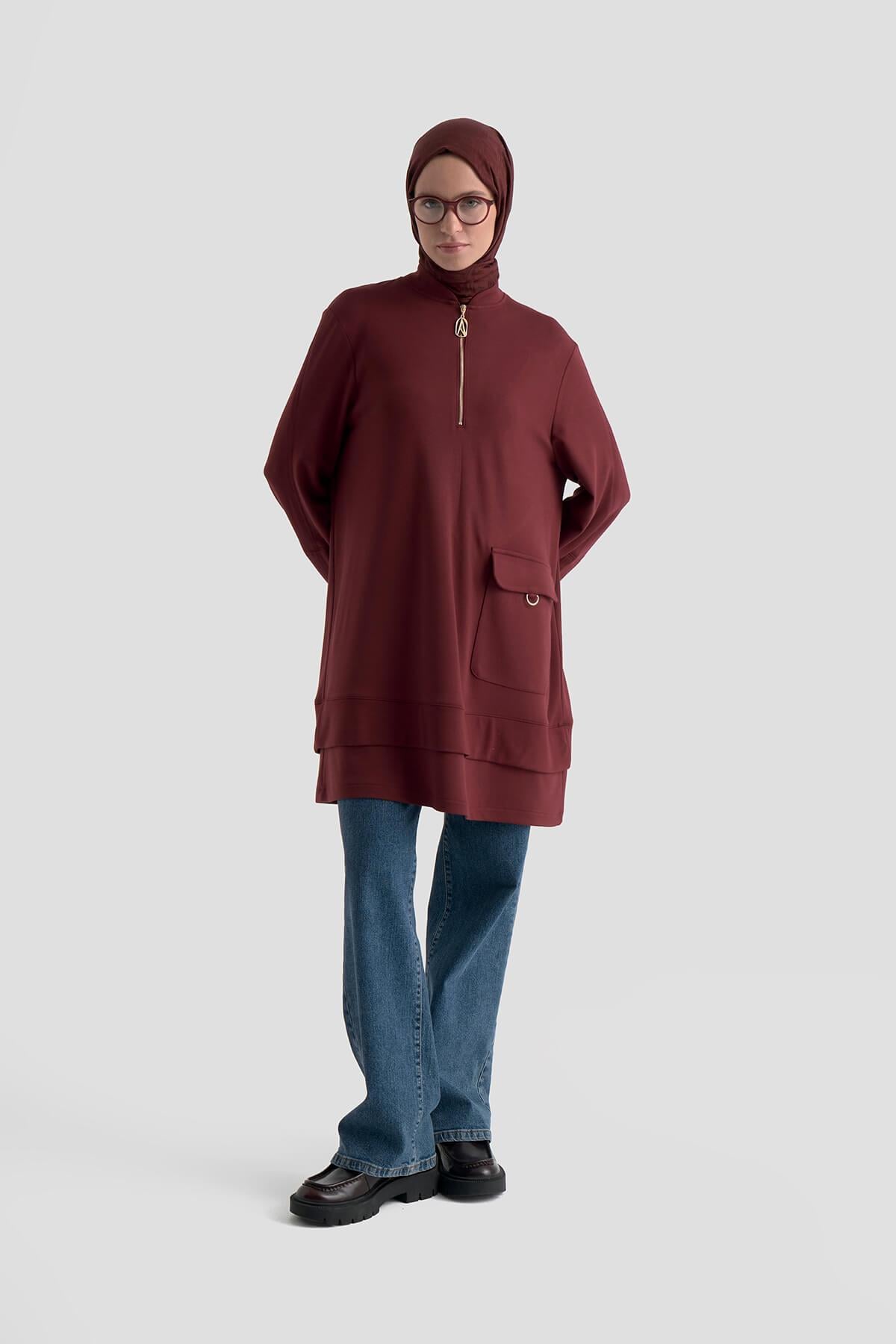 Armine TREND Önden Fermuarlı Kol Ucu Ribanalı Tunik Vişne 25KT463