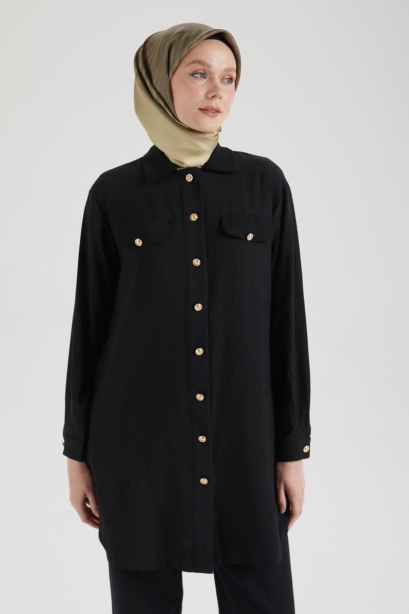 Armine TREND Sahte Cep Kapaklı Tunik Siyah 25YT4145