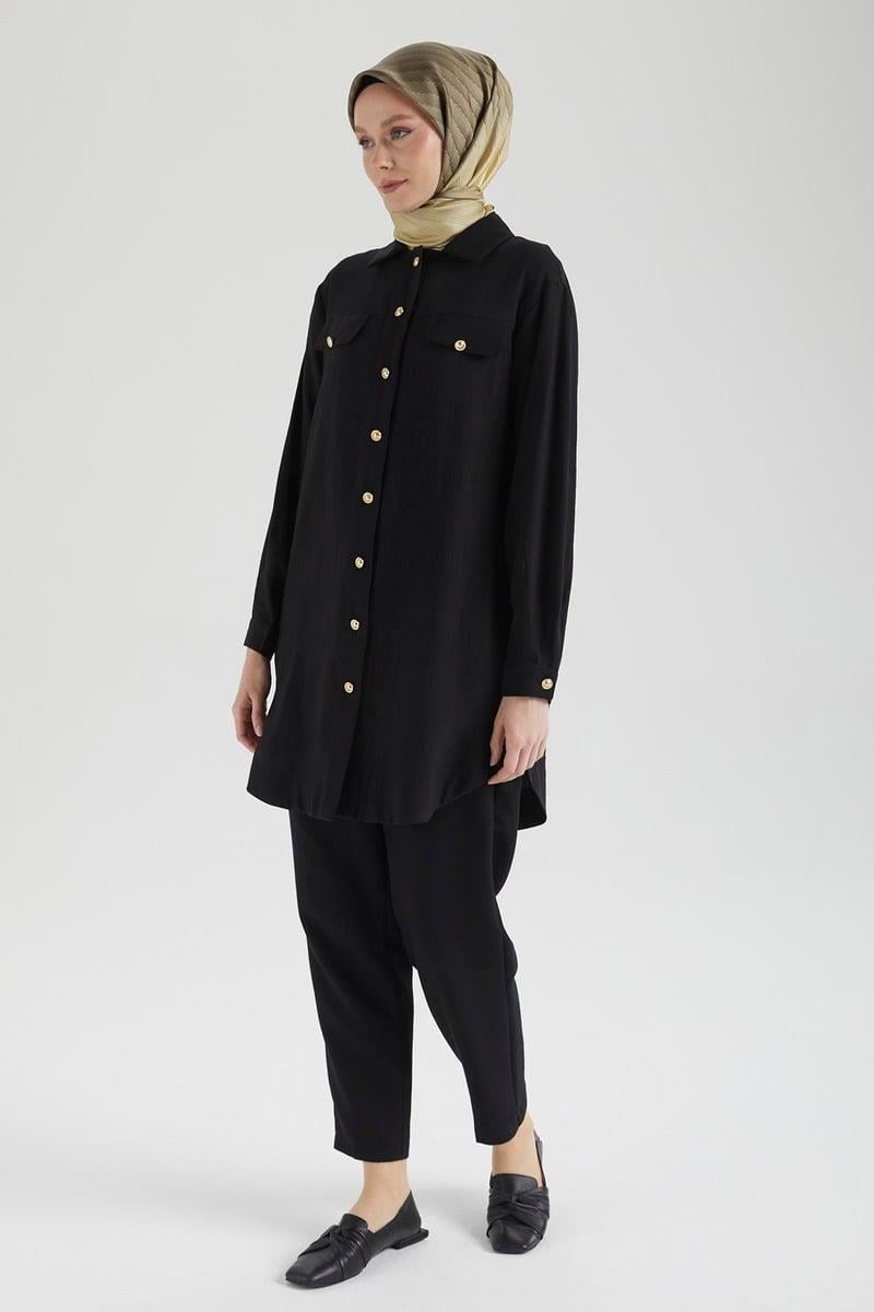 Armine TREND Sahte Cep Kapaklı Tunik Siyah 25YT4145