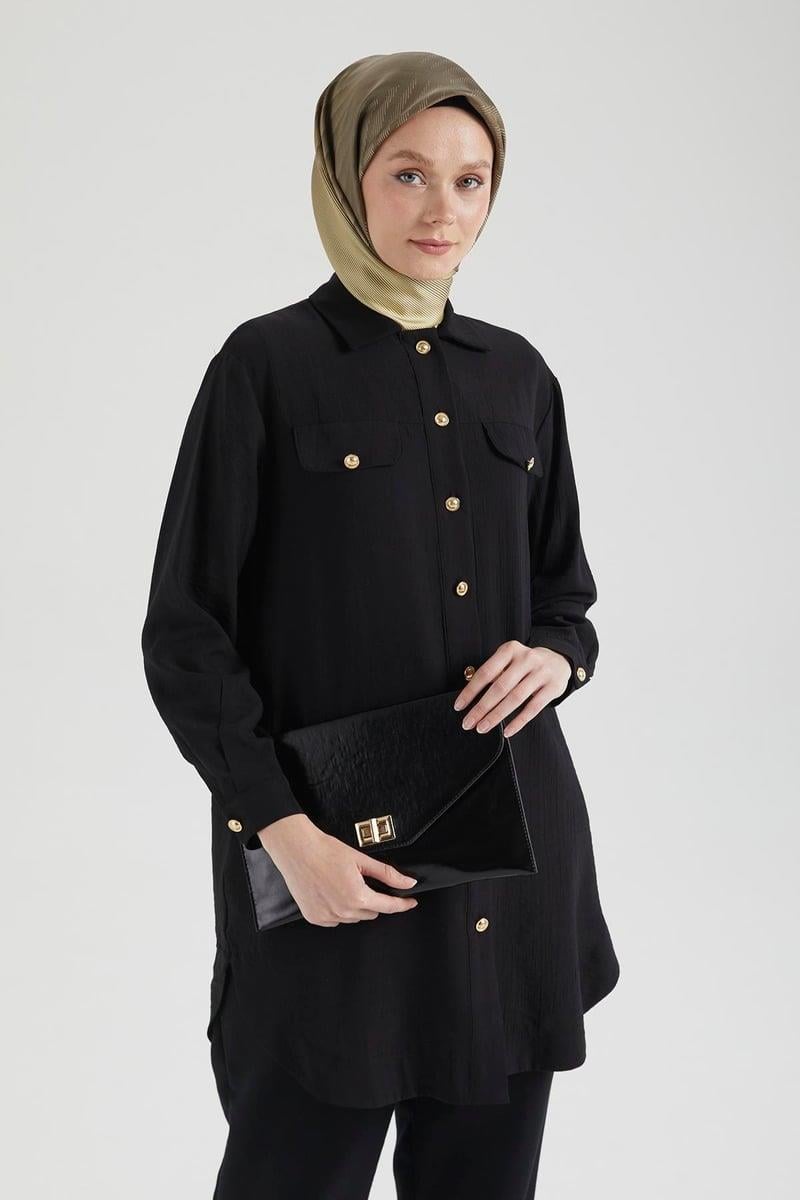 Armine TREND Sahte Cep Kapaklı Tunik Siyah 25YT4145
