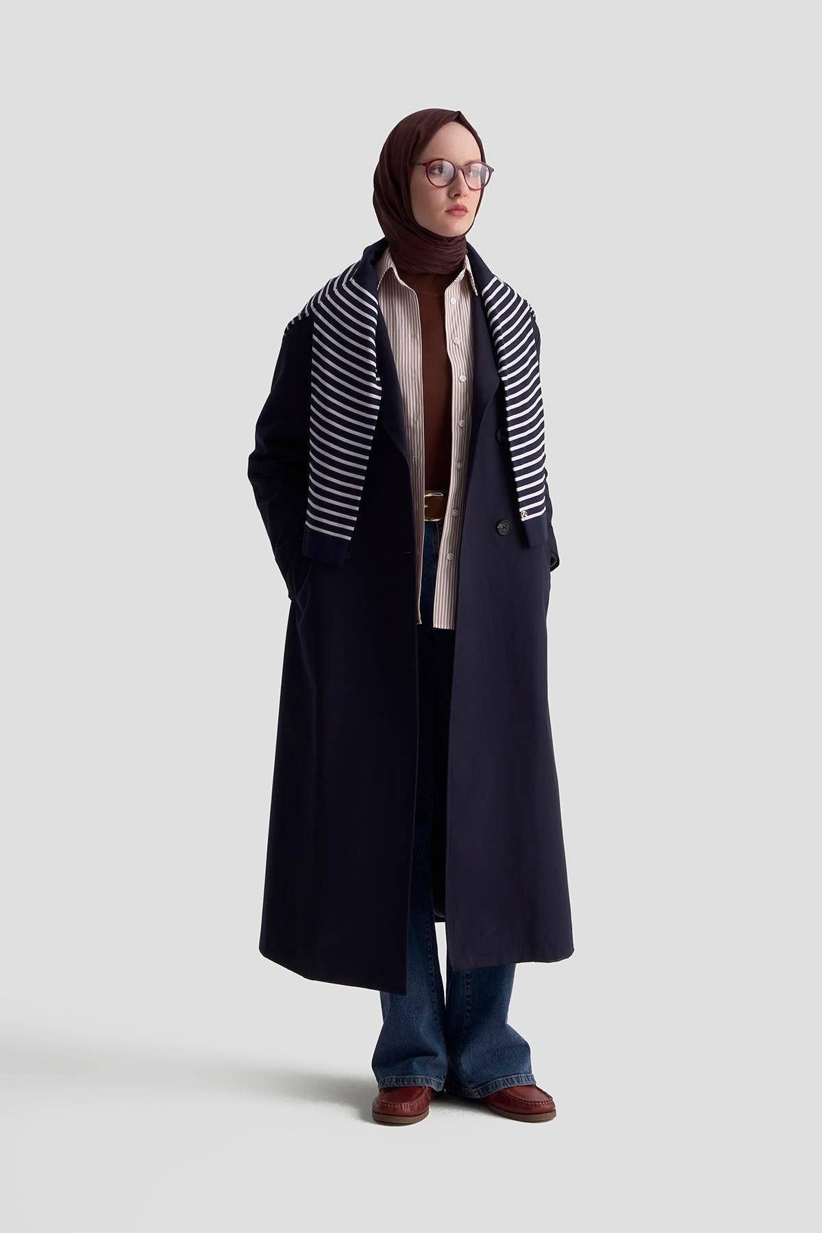 Armine TREND Seyyar Kemerli Trench Lacivert 25KT725