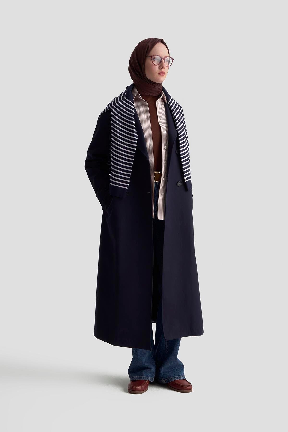 Armine TREND Seyyar Kemerli Trench Lacivert 25KT725