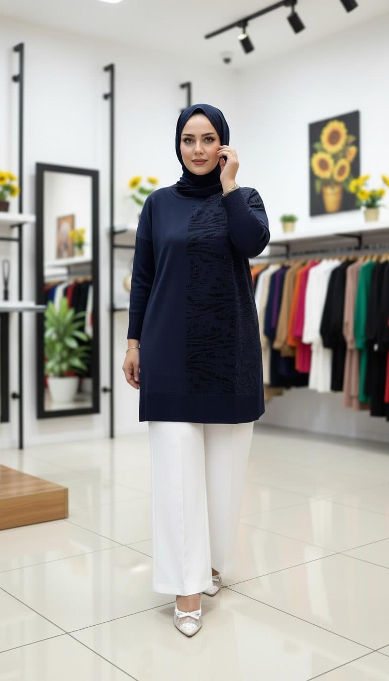 Armine TREND Sim Detaylı Zebra Desen Triko Tunik Lacivert 25KTD4116