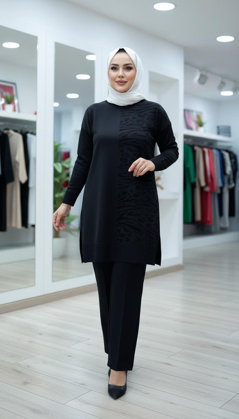Armine TREND Sim Detaylı Zebra Desen Triko Tunik Siyah 25KTD4116
