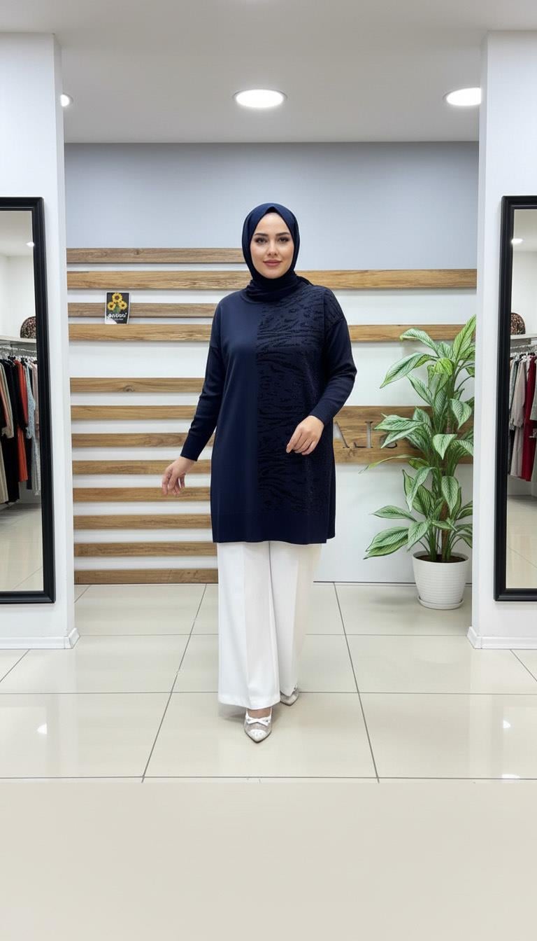 Armine TREND Sim Detaylı Zebra Desen Triko Tunik Lacivert 25KTD4116