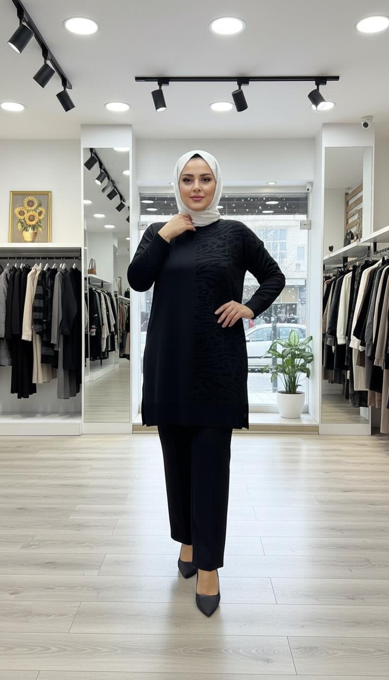 Armine TREND Sim Detaylı Zebra Desen Triko Tunik Siyah 25KTD4116