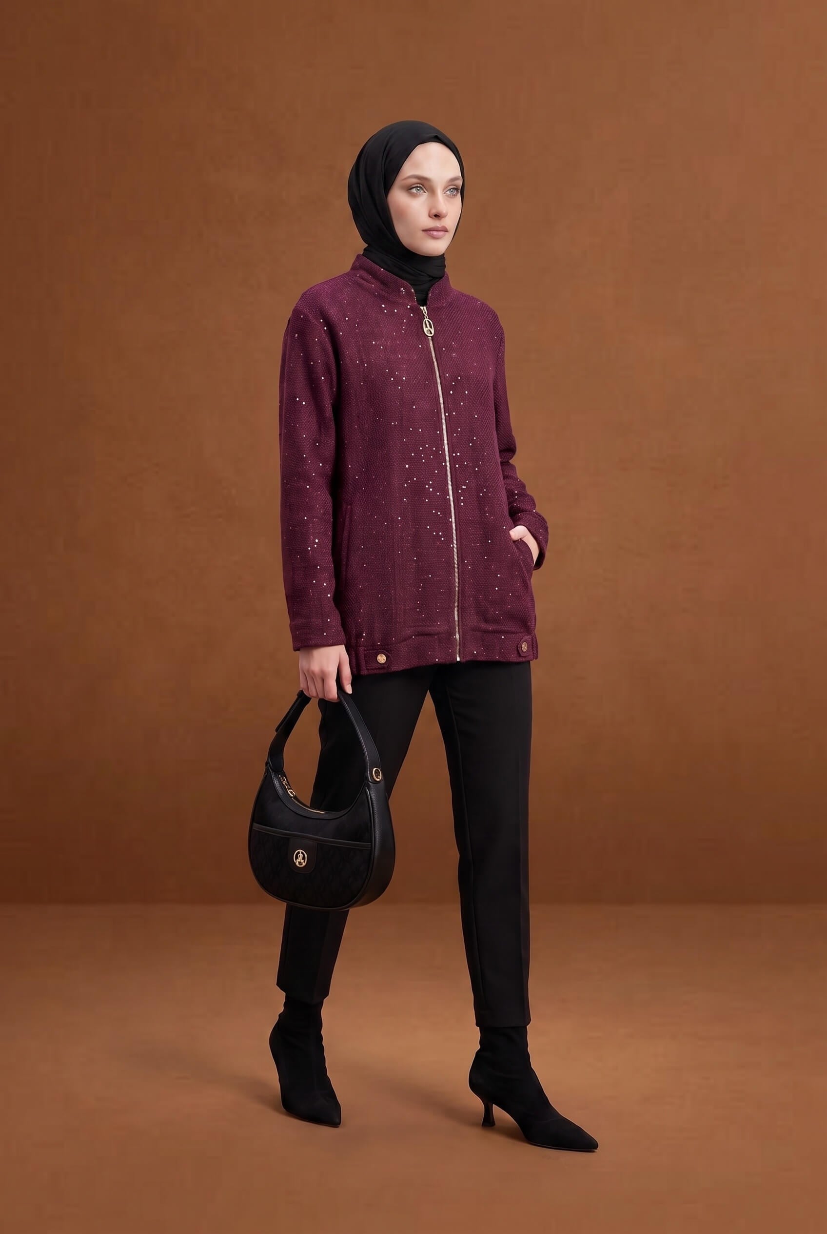 Armine TREND Simli Tüvit Fermuarlı Ceket Bordo 25kt507