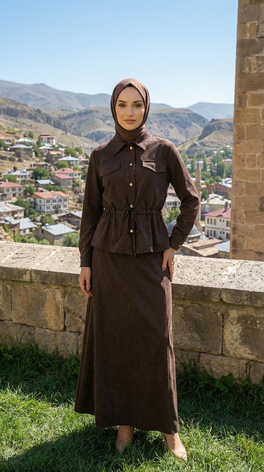 Armine TREND Süet Detaylı Etekli Takım Kahve 25KT659