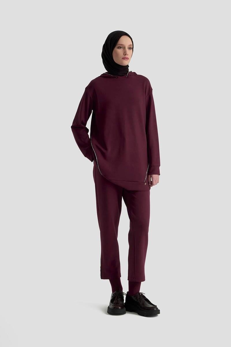 ARMİNE TREND Taş Detaylı Kapüşonlu İkili Spor Takım Bordo 25KT603