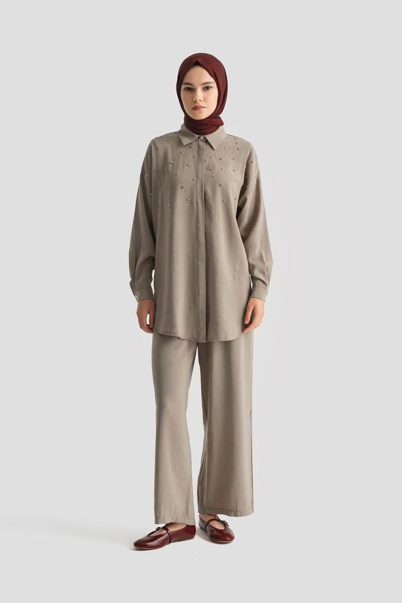 Armine TREND Taş Detaylı Pantolonlu Takım Vizon 25YT6139