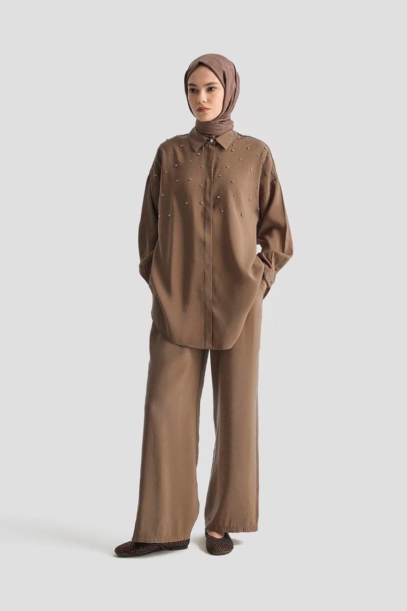 Armine TREND Taş Detaylı Pantolonlu Takım Kahverengi 25YT6139