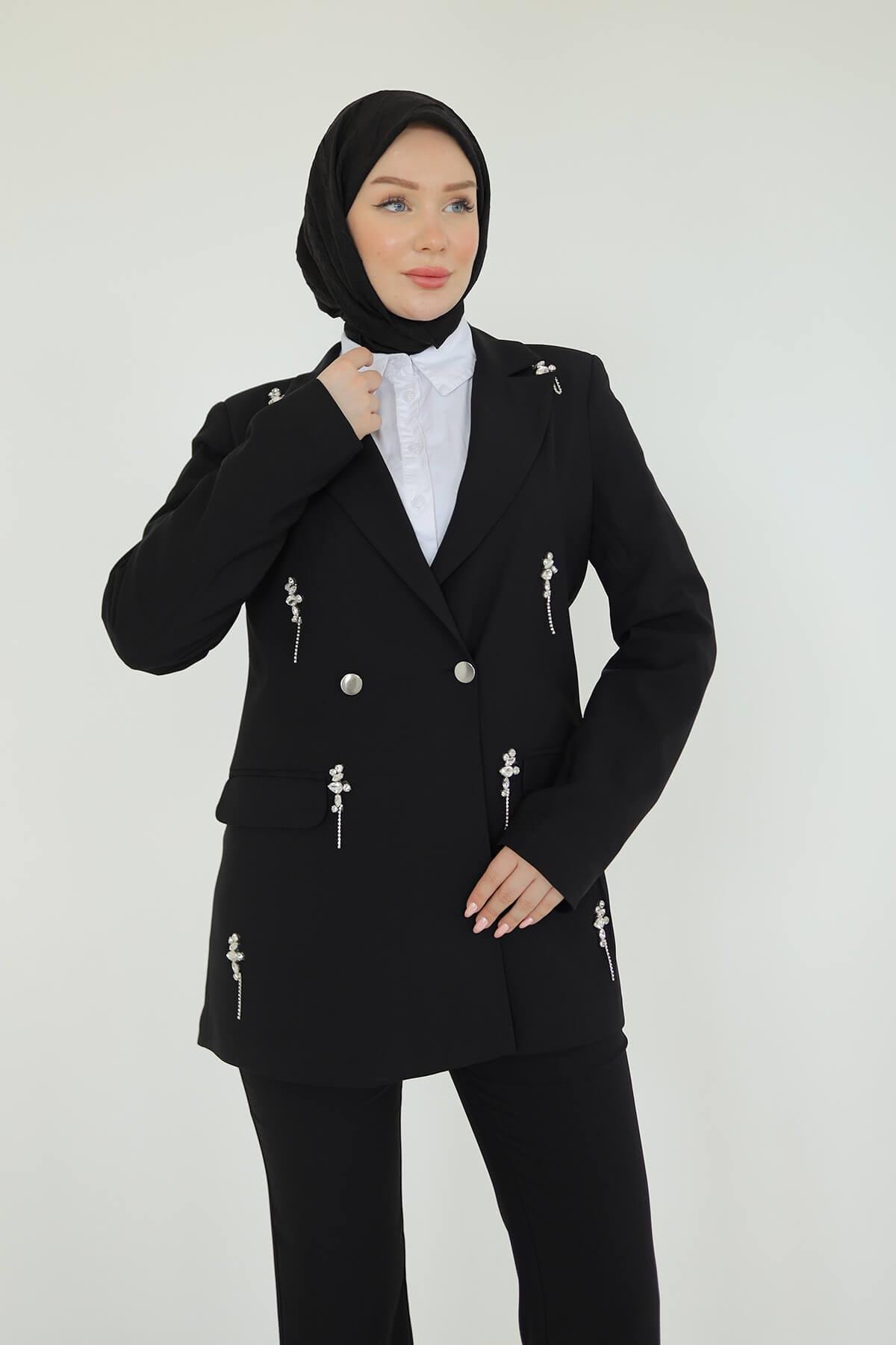 Armine TREND Taşlı Ceket İspanyol Paça Pantolonlu Takım Siyah 25YT629