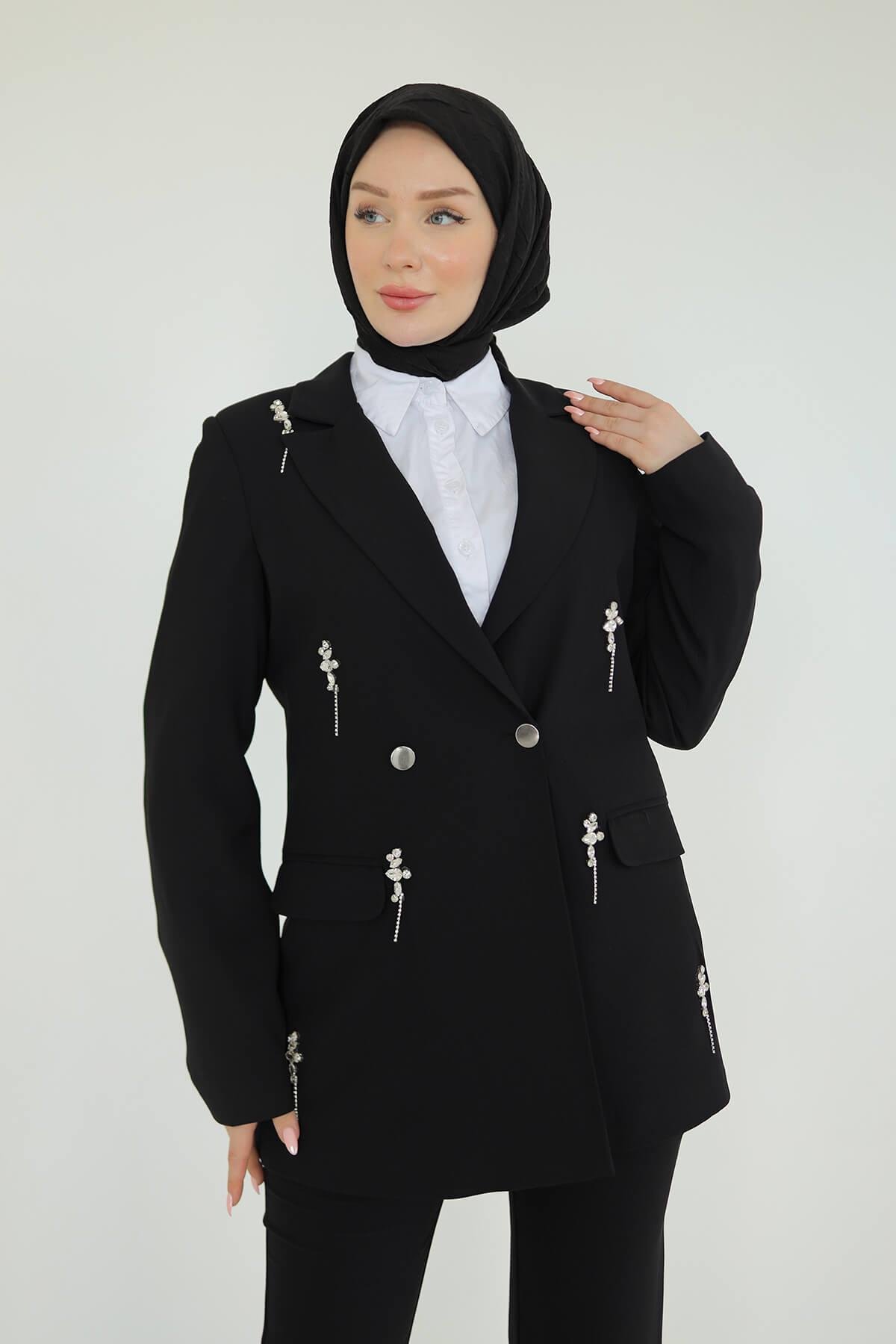 Armine TREND Taşlı Ceket İspanyol Paça Pantolonlu Takım Siyah 25YT629