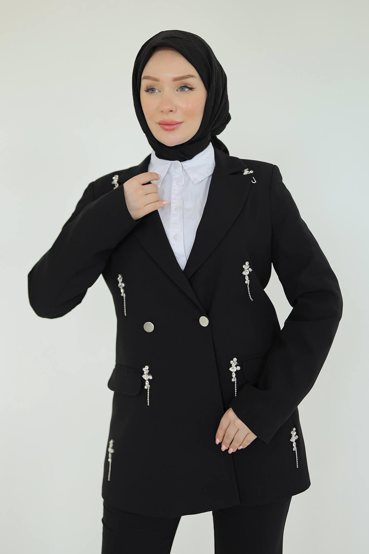 Armine TREND Taşlı Ceket İspanyol Paça Pantolonlu Takım Siyah 25YT629