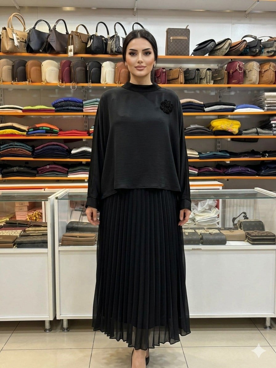 Armine TREND Üst Saten Boncuk İşlemeli Etekli Takım Siyah 26YT655