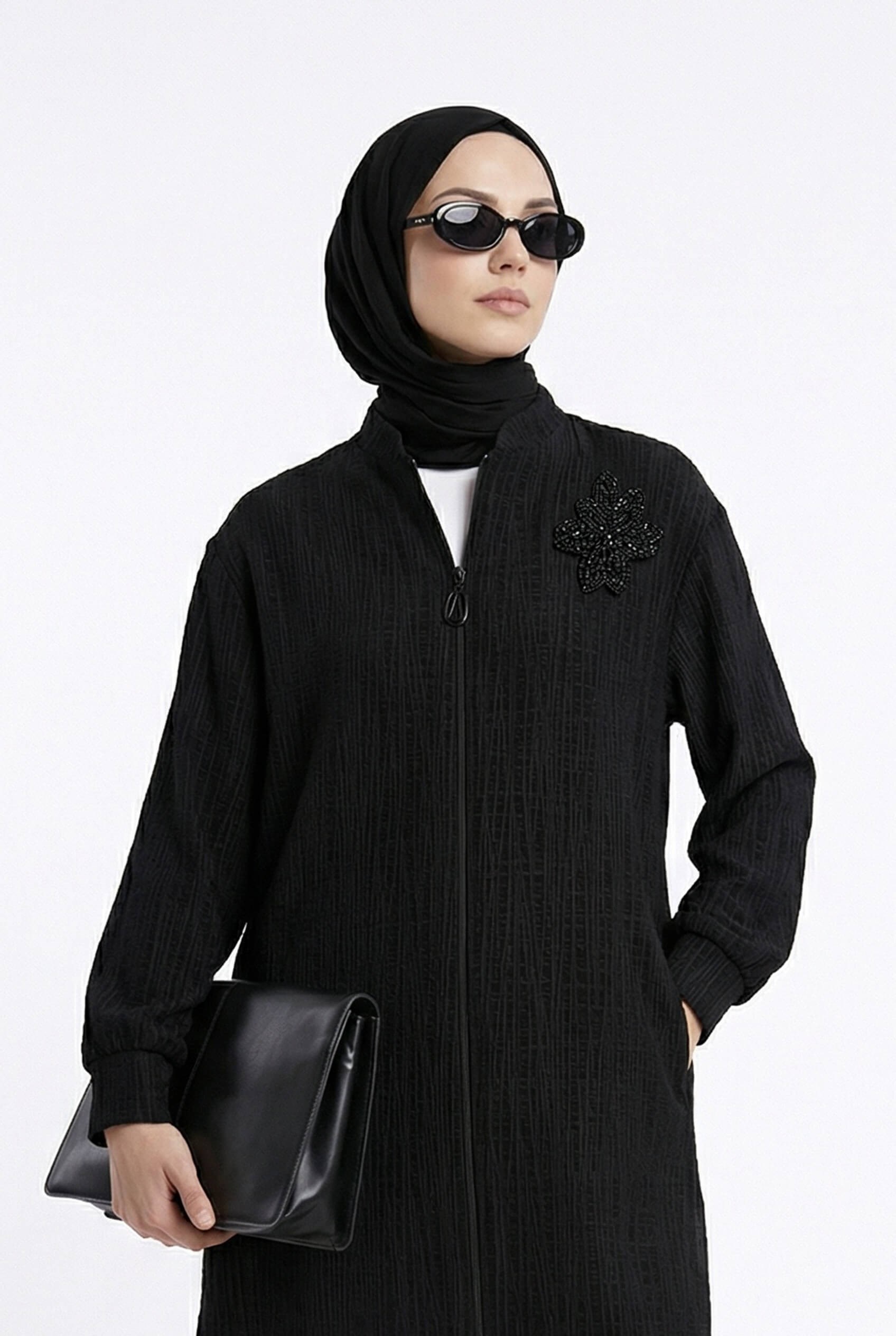 Armine TREND Yaka Boncuk İşlemeli Bomber Ceket - Hırka Siyah 26YT520