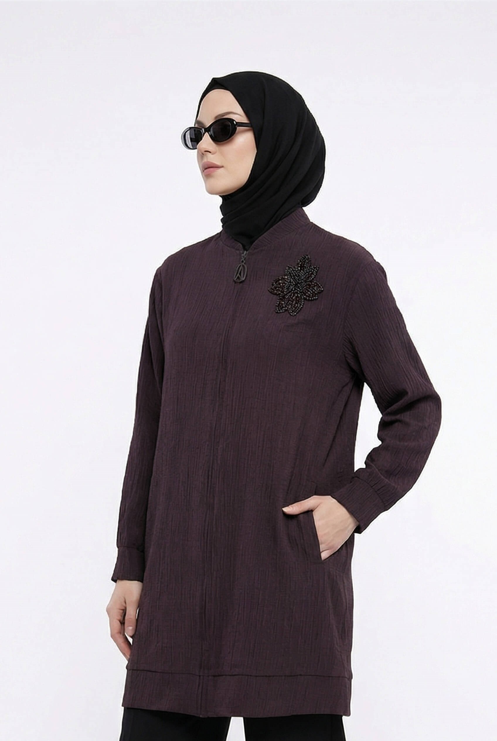 Armine TREND Yaka Boncuk İşlemeli Bomber Ceket - Hırka Vişne 26YT520