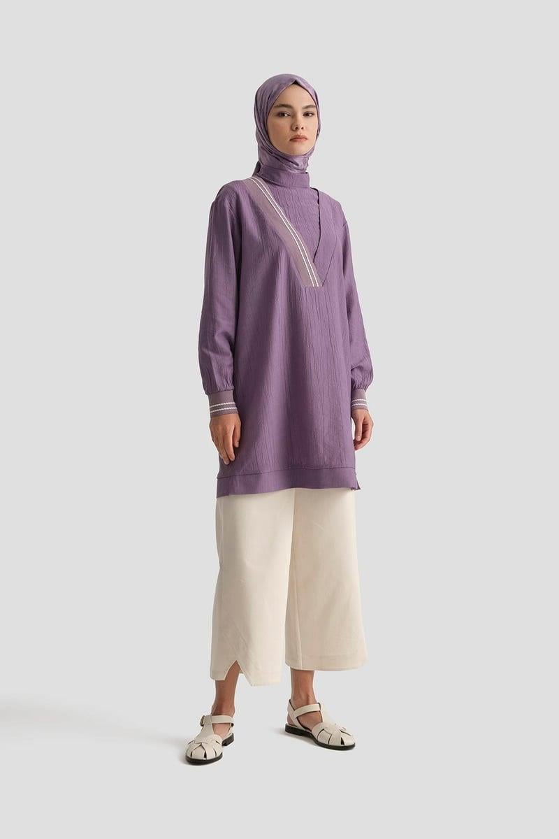 Armine Trend Yaka Çapraz Ribanalı Tunik Mor 25YT4143