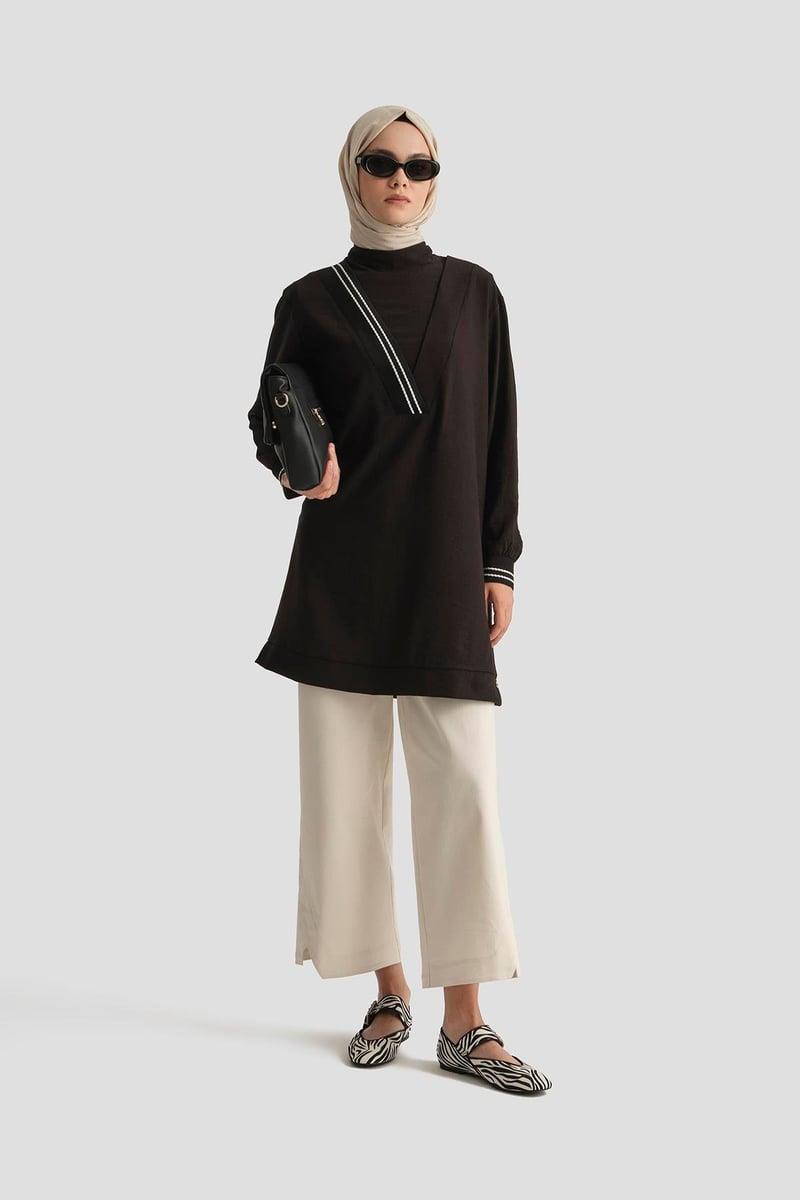 Armine Trend Yaka Çapraz Ribanalı Tunik Siyah 25YT4143