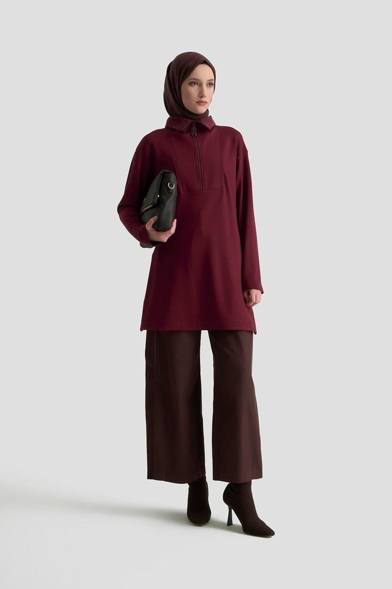 Armine TREND Yaka Taş İşlemeli Yarım Fermuarlı Tunik Mürdüm 25KT406