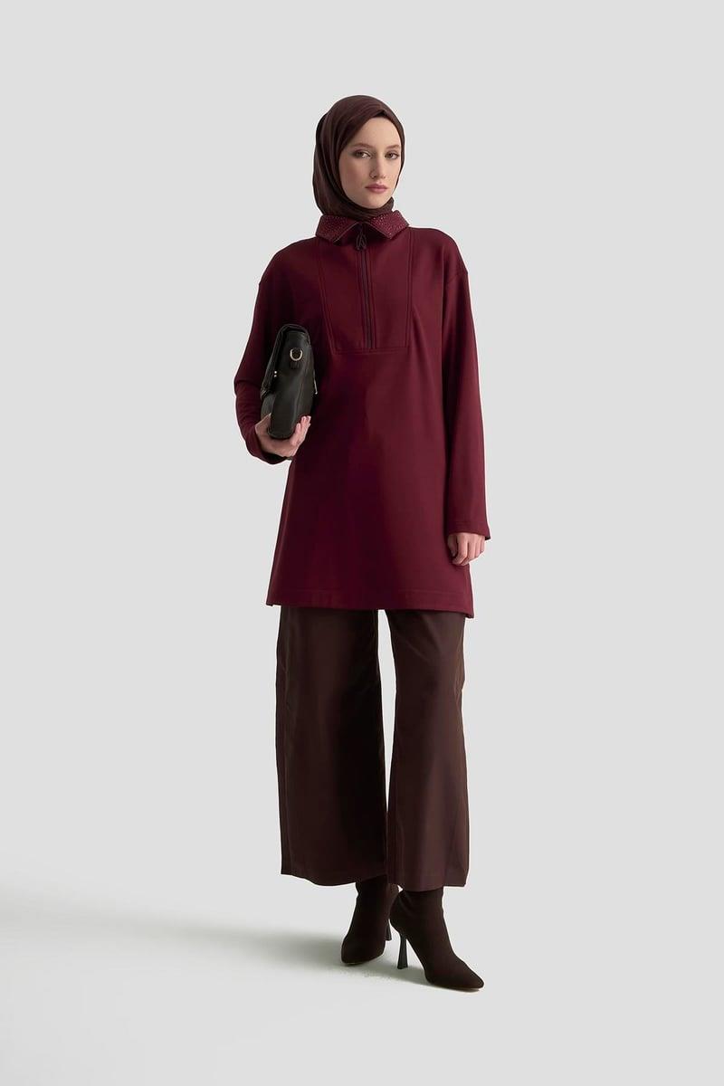 Armine TREND Yaka Taş İşlemeli Yarım Fermuarlı Tunik Mürdüm 25KT406
