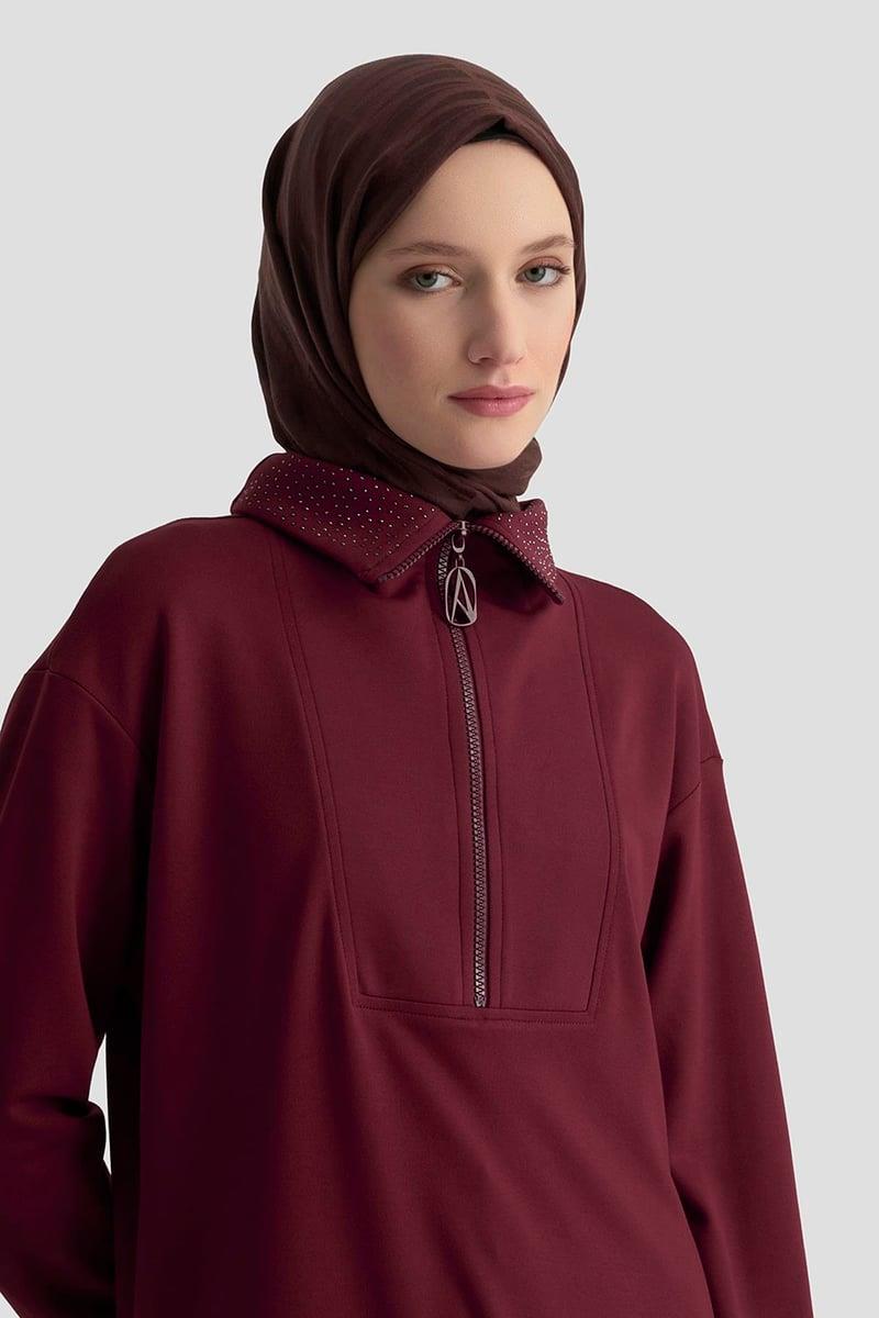 Armine TREND Yaka Taş İşlemeli Yarım Fermuarlı Tunik Mürdüm 25KT406