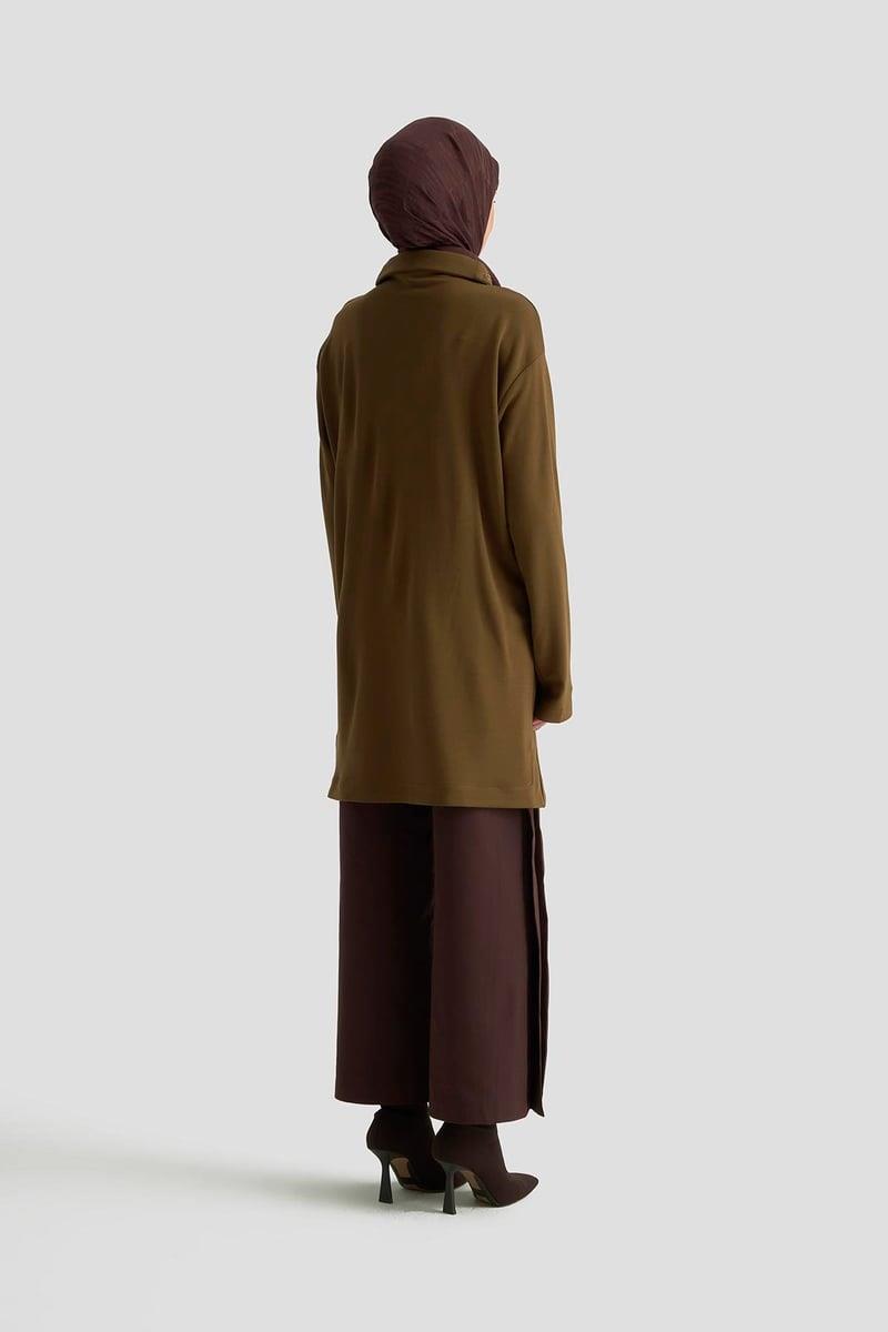 Armine TREND Yaka Taş İşlemeli Yarım Fermuarlı Tunik Yağ Yeşili 25KT406