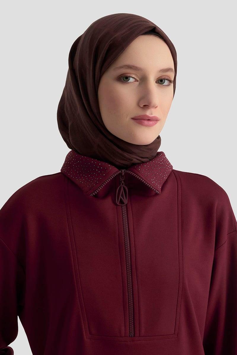 Armine TREND Yaka Taş İşlemeli Yarım Fermuarlı Tunik Mürdüm 25KT406