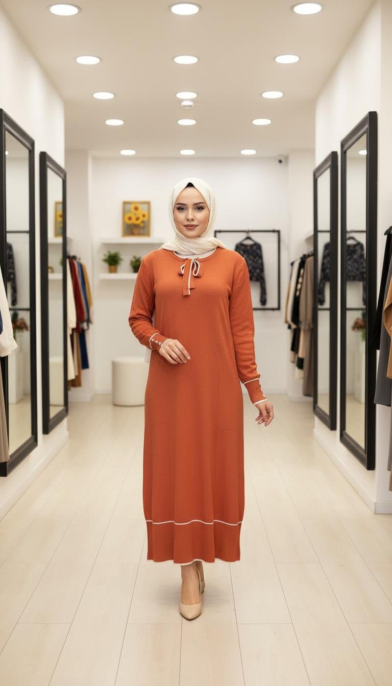 Armine TREND Yakası Bağcık Detaylı Triko Elbise Şeftali 25YTD955