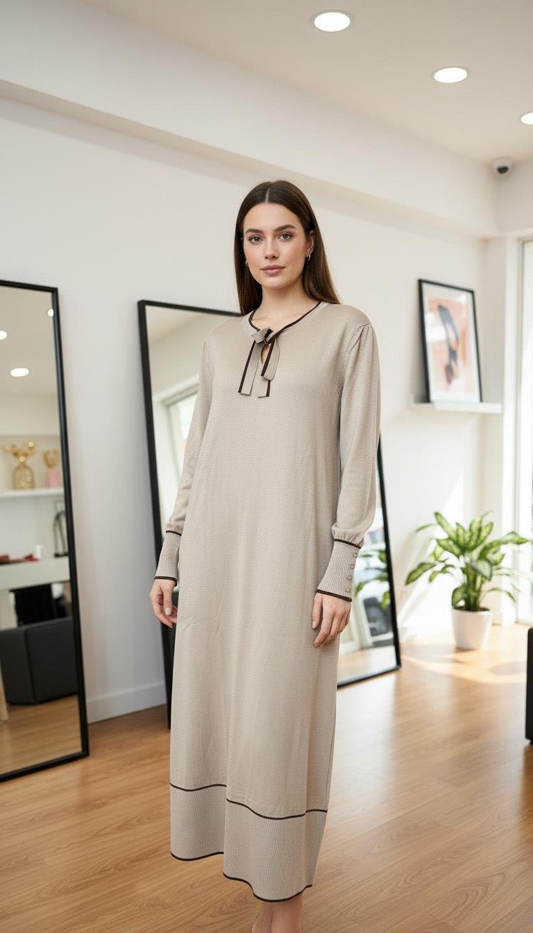 Armine TREND Yakası Bağcık Detaylı Triko Elbise Koyu Taş 25YTD955
