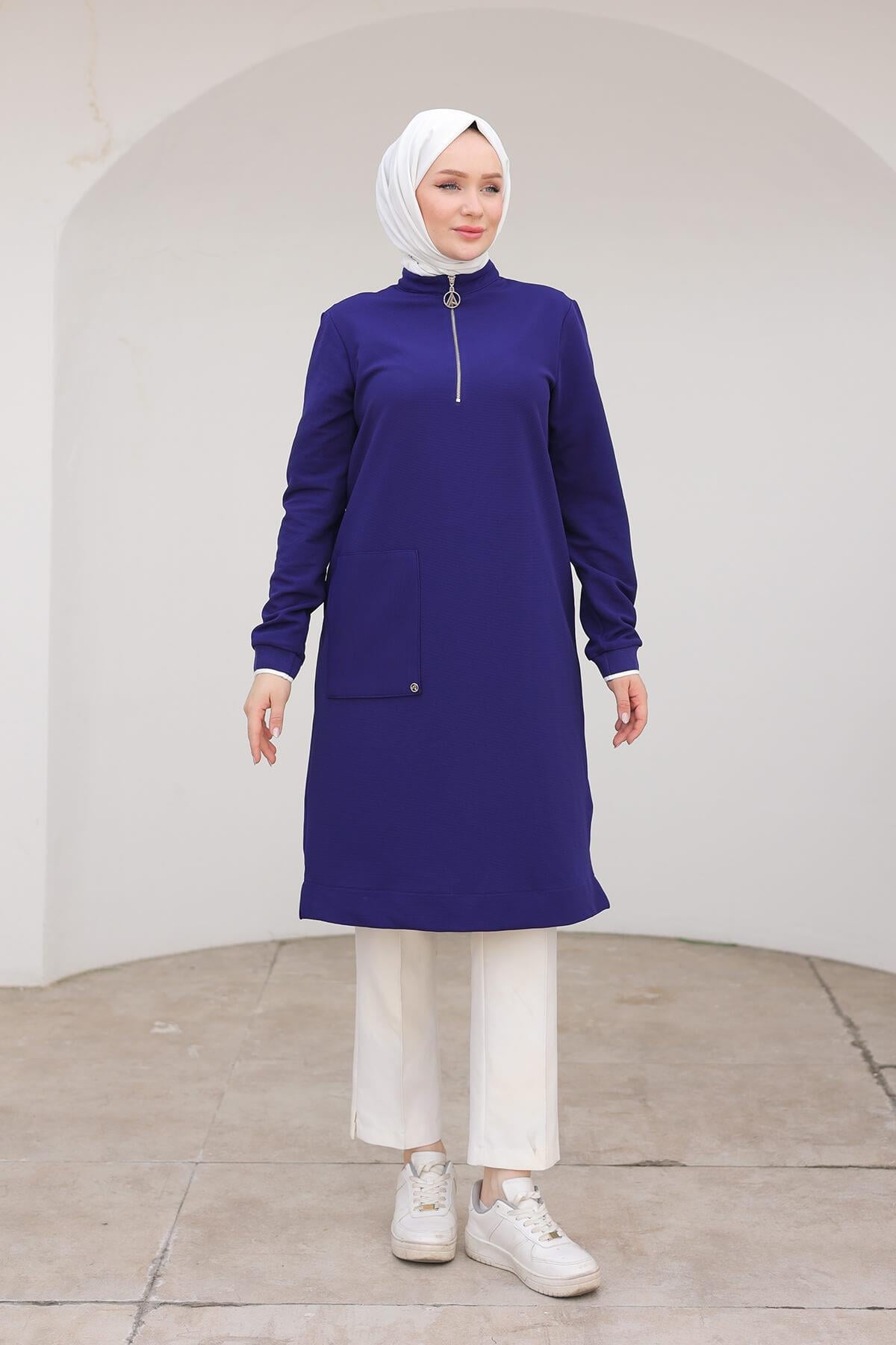 ARMİNE TREND Yakası Fermuarlı Kolları Ribanalı Örme Kumaş Tunik Morcivet 24KT453