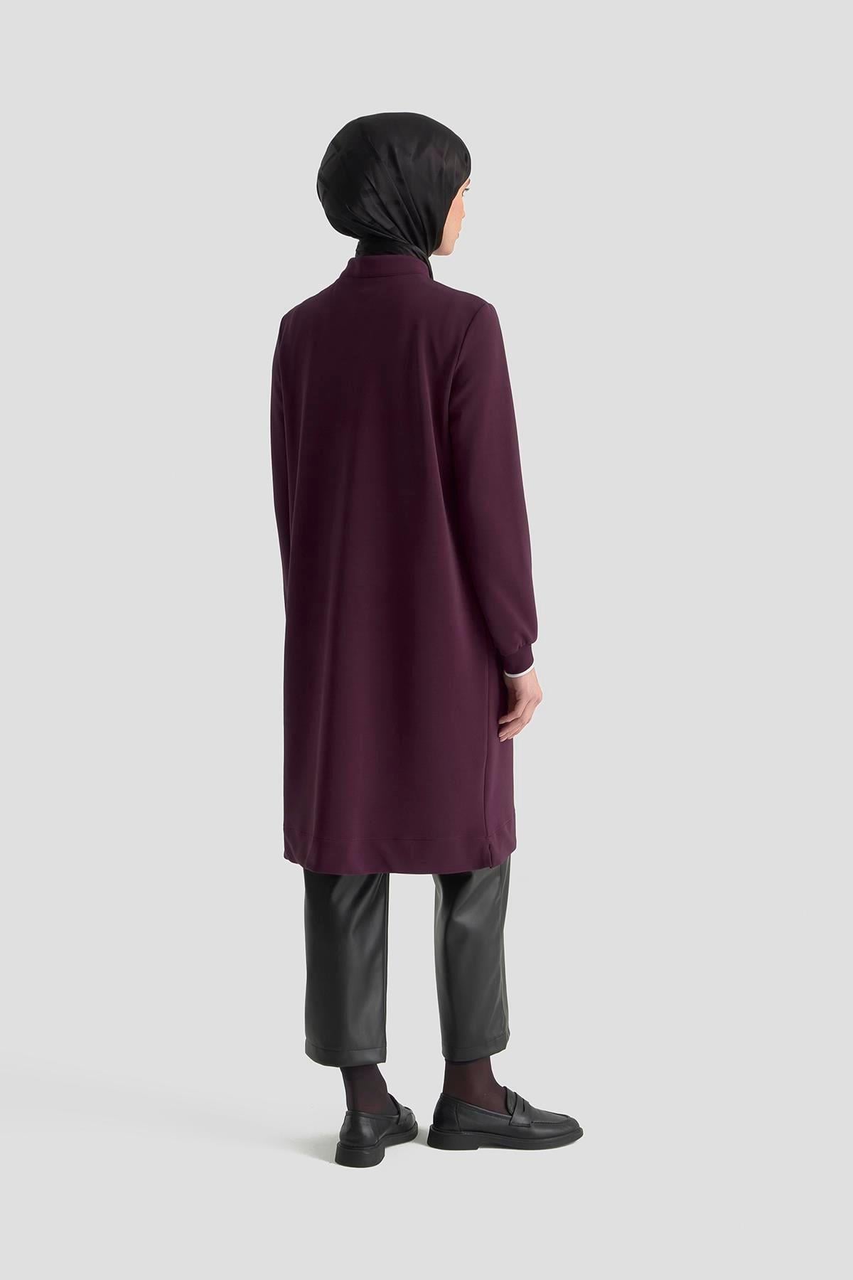 ARMİNE TREND Yakası Fermuarlı Kolları Ribanalı Örme Kumaş Tunik Bordo 25KT443
