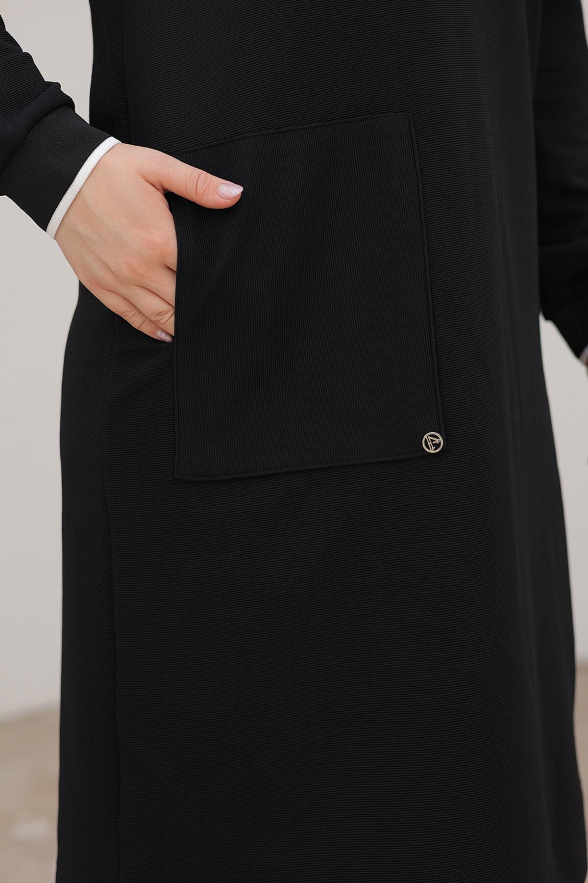 ARMİNE TREND Yakası Fermuarlı Kolları Ribanalı Örme Kumaş Tunik Siyah 24KT453