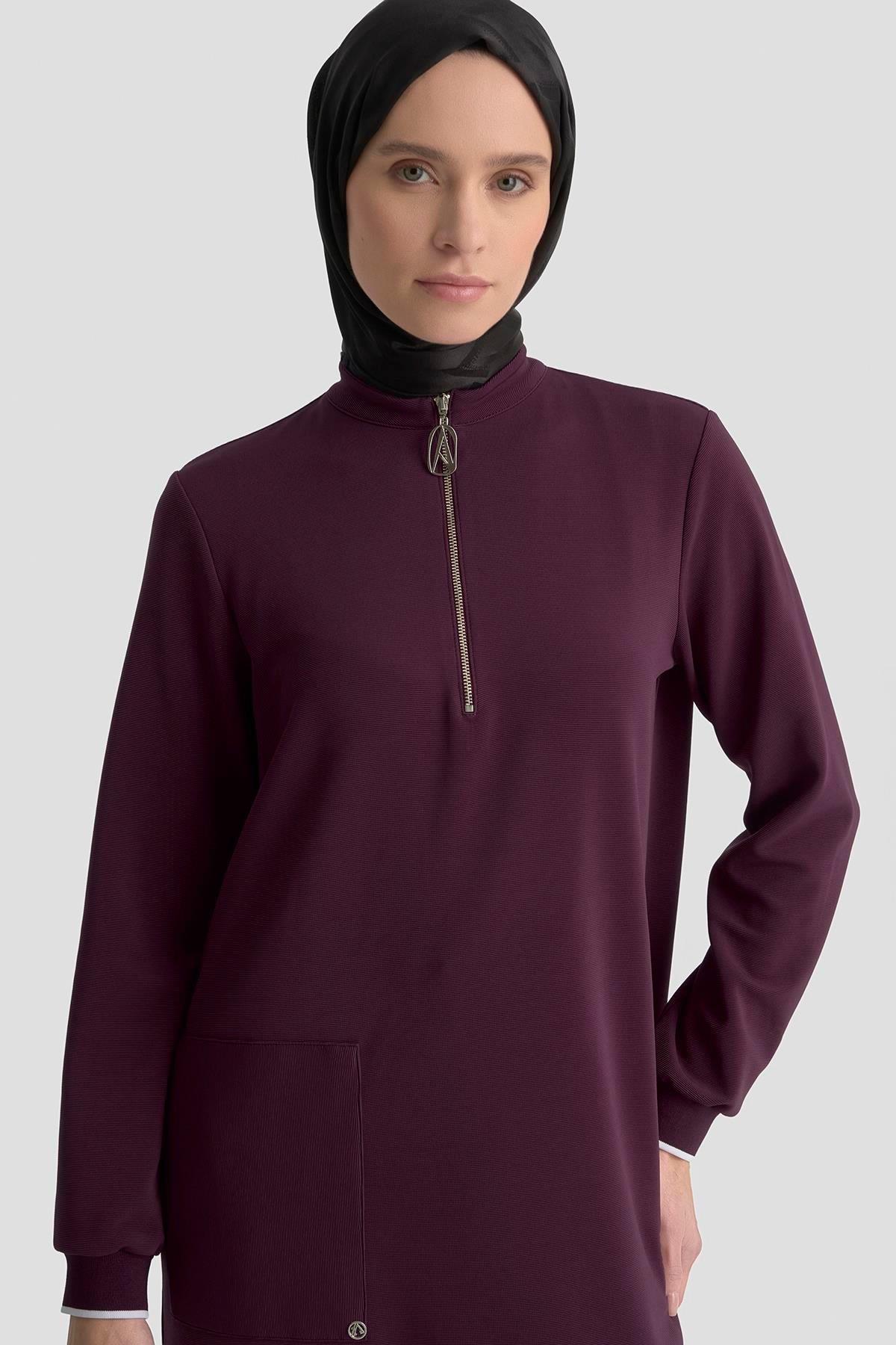 ARMİNE TREND Yakası Fermuarlı Kolları Ribanalı Örme Kumaş Tunik Bordo 25KT443