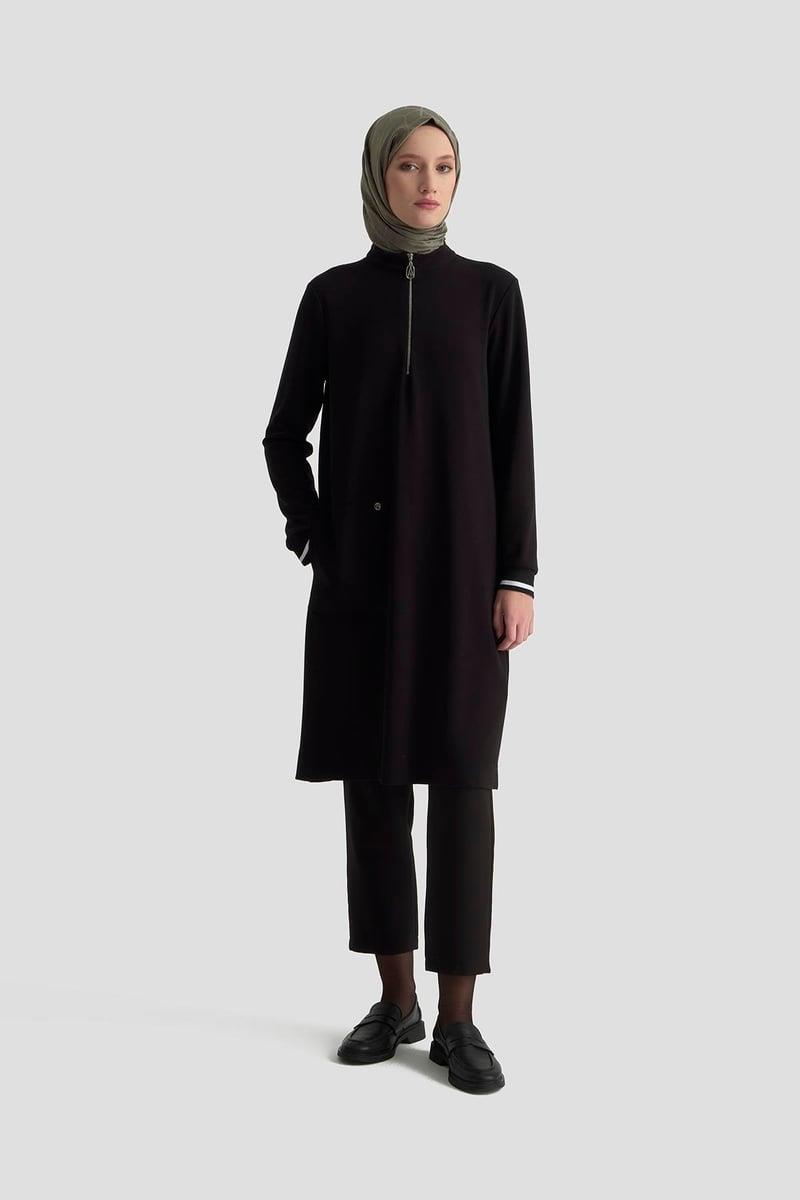 ARMİNE TREND Yakası Fermuarlı Kolları Ribanalı Örme Kumaş Tunik Siyah 25KT443
