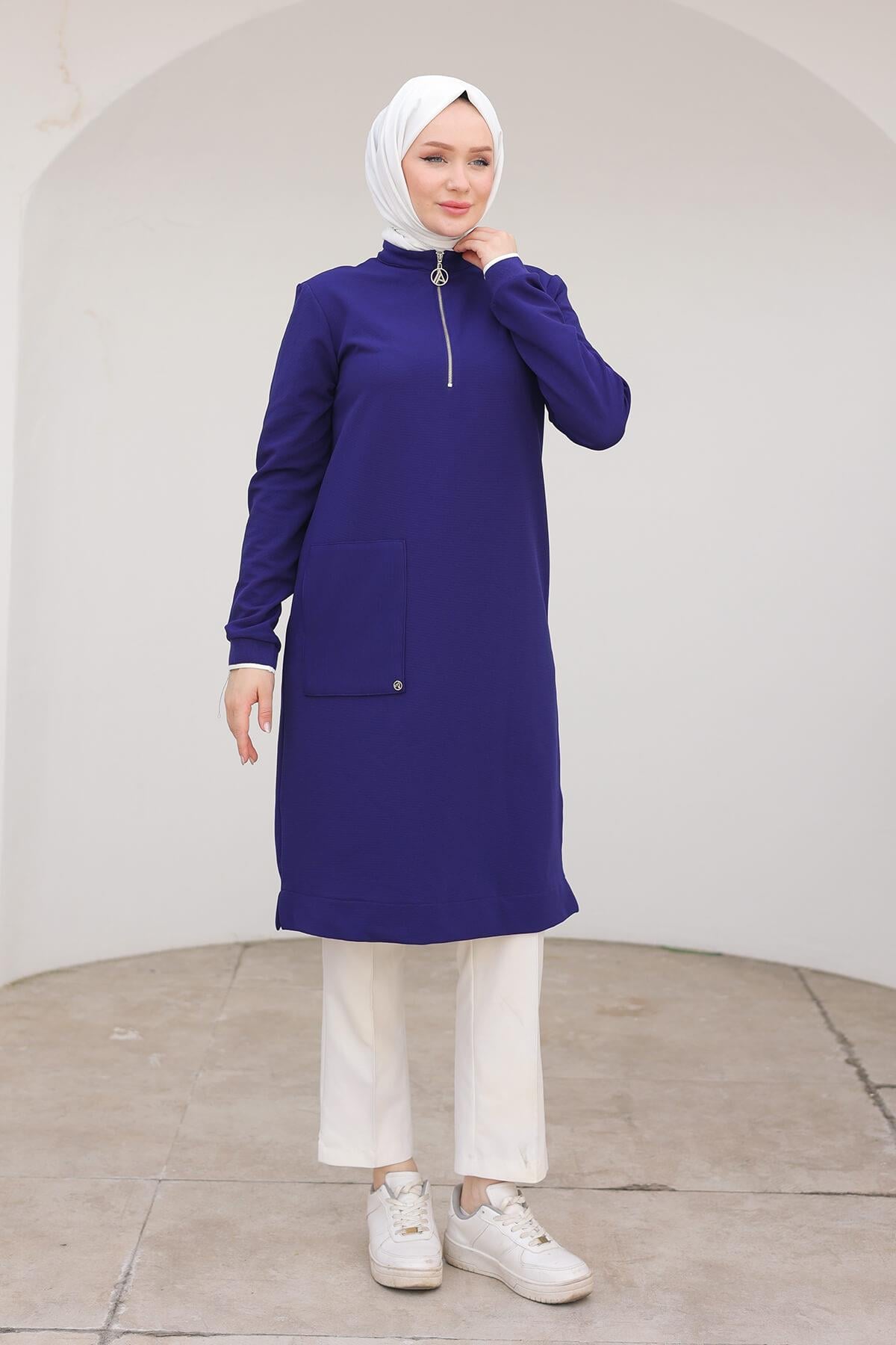 ARMİNE TREND Yakası Fermuarlı Kolları Ribanalı Örme Kumaş Tunik Morcivet 24KT453