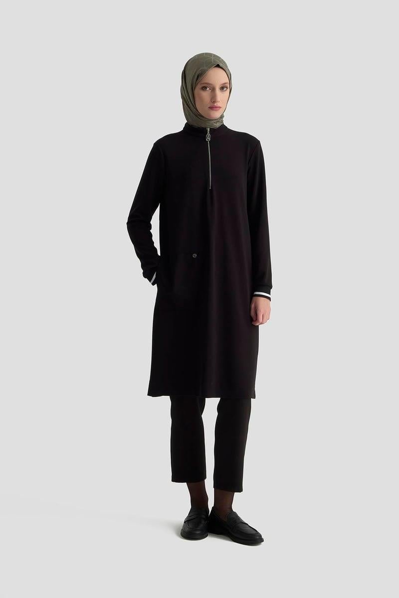 ARMİNE TREND Yakası Fermuarlı Kolları Ribanalı Örme Kumaş Tunik Siyah 25KT443
