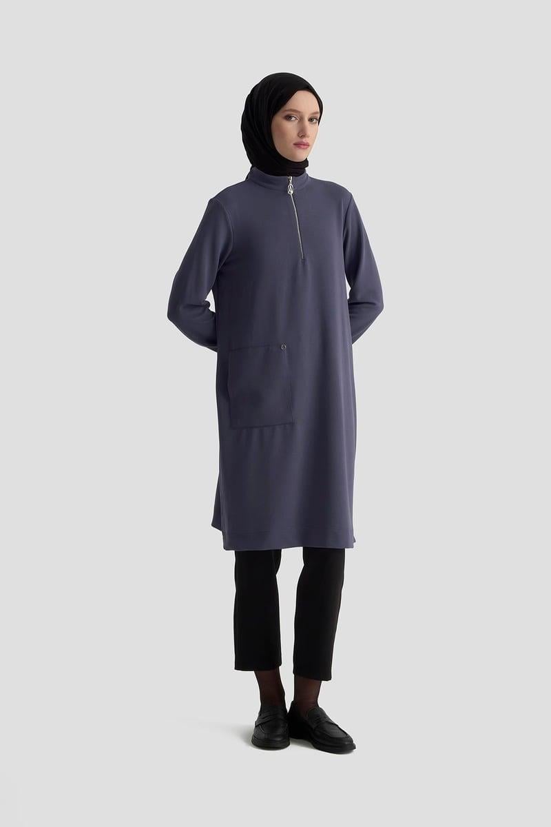 ARMİNE TREND Yakası Fermuarlı Kolları Ribanalı Örme Kumaş Tunik İndigo 25KT443
