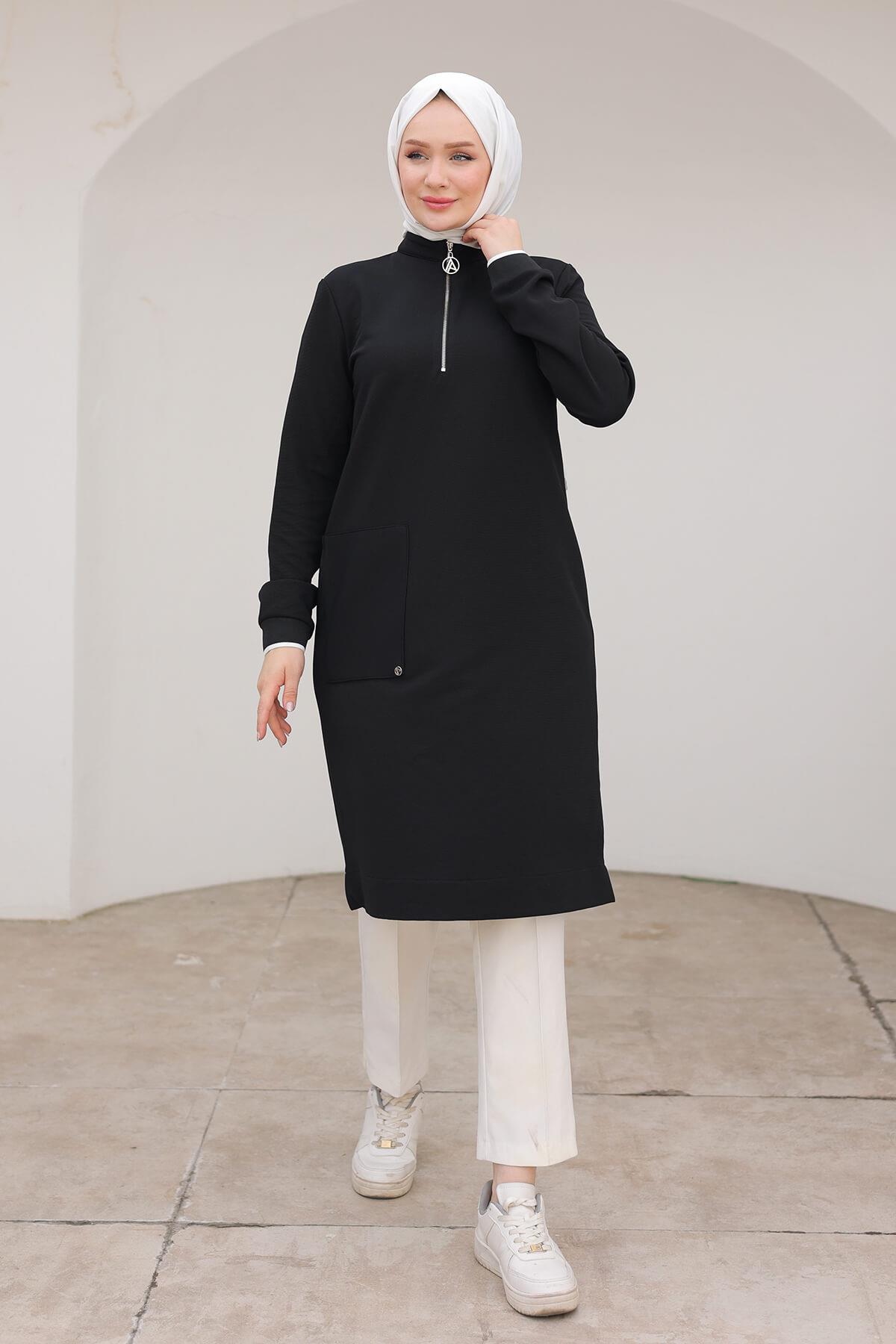 ARMİNE TREND Yakası Fermuarlı Kolları Ribanalı Örme Kumaş Tunik Siyah 24KT453