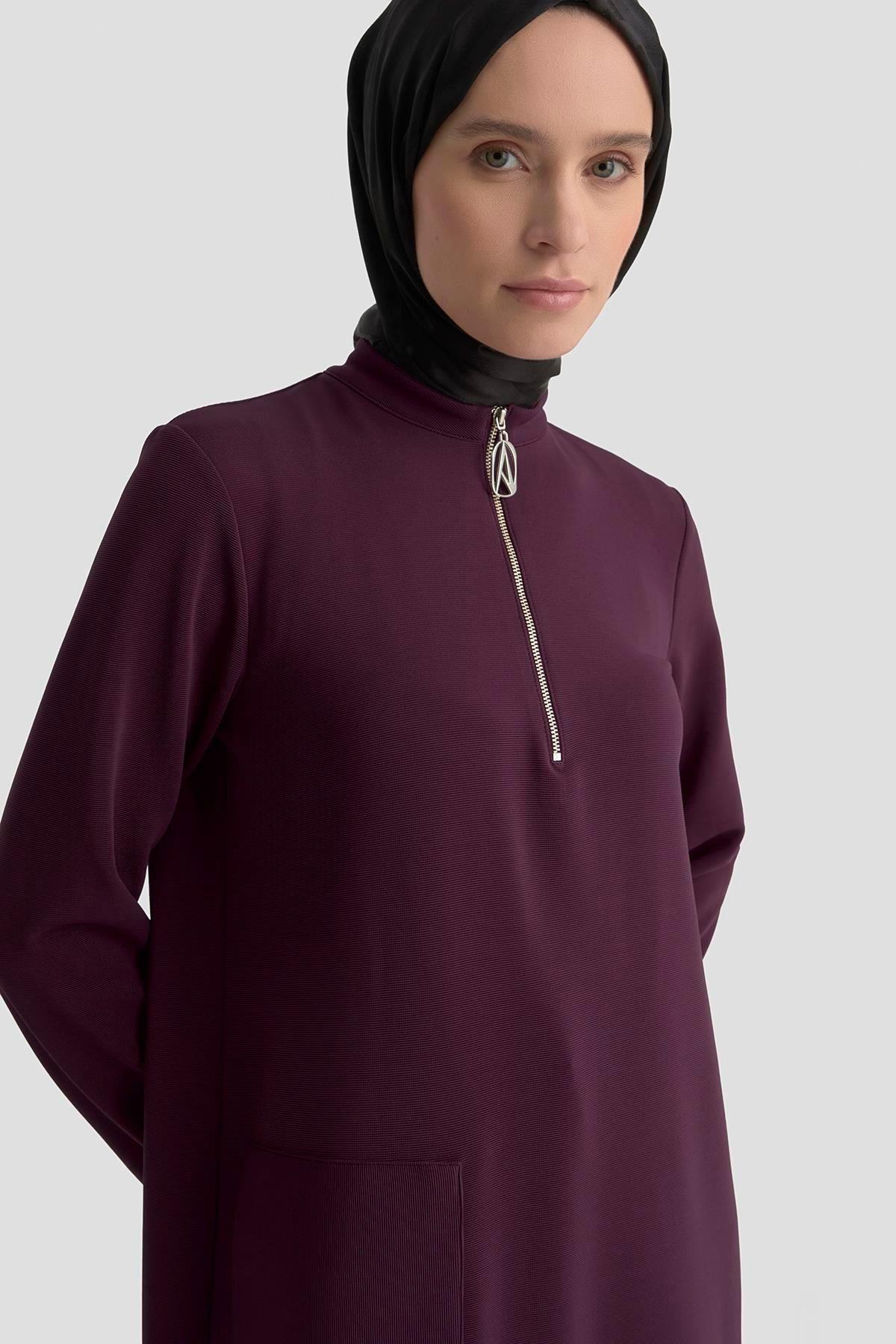 ARMİNE TREND Yakası Fermuarlı Kolları Ribanalı Örme Kumaş Tunik Bordo 25KT443