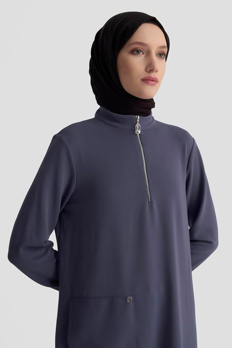 ARMİNE TREND Yakası Fermuarlı Kolları Ribanalı Örme Kumaş Tunik İndigo 25KT443